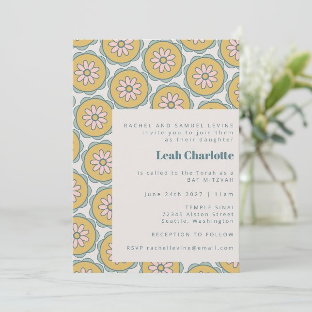 Convites Retro Boho Mandala Pastel Floral Bat Mitzvah (Em pé/Frente)