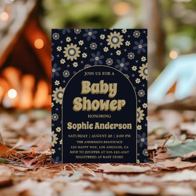 Convites Retro Boho Navy Floral Arch Baby Shower (Criador carregado)