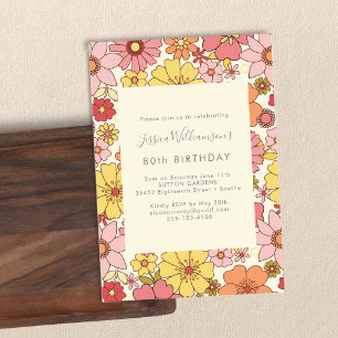 Convites Retro Boho Rosa Amarelo Floral Groovy Aniversário