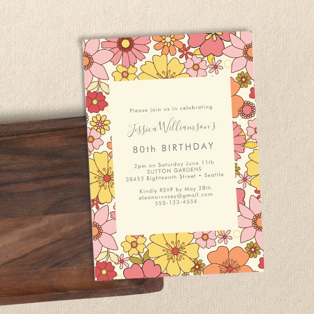 Convites Retro Boho Rosa Amarelo Floral Groovy Aniversário  (Criador carregado)