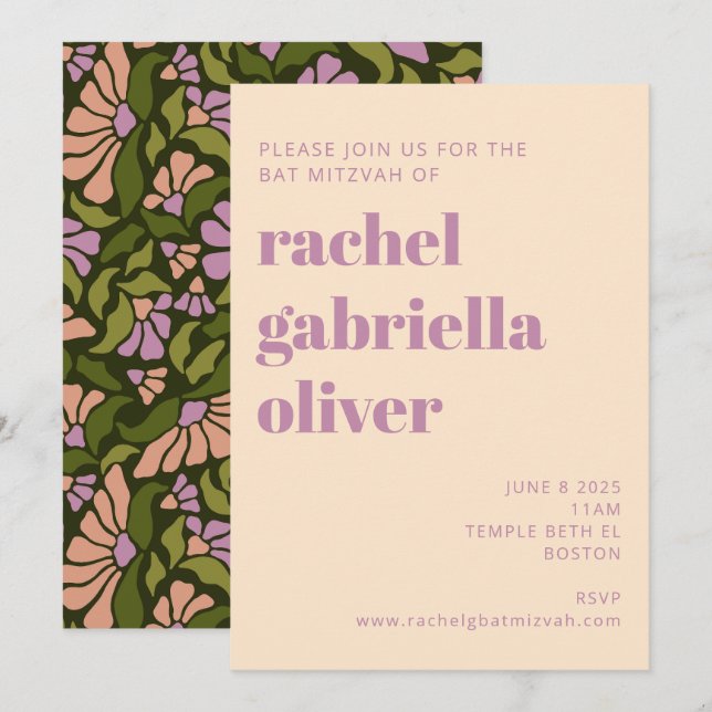 Convites Retro Boho Verde Botânico Groovy Bat Mitzvah (Frente/Verso)