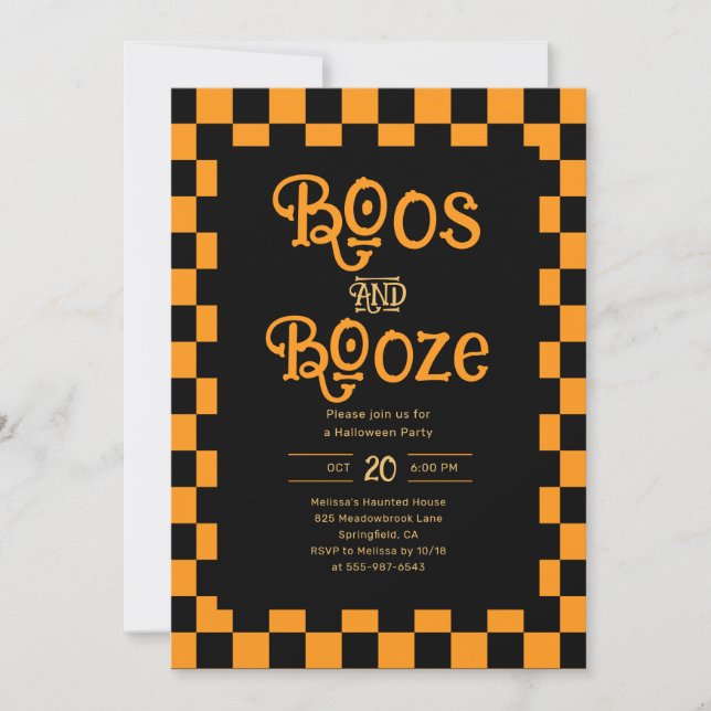 Convites Retro Boos And Booze Halloween Checkered Orange (Frente)