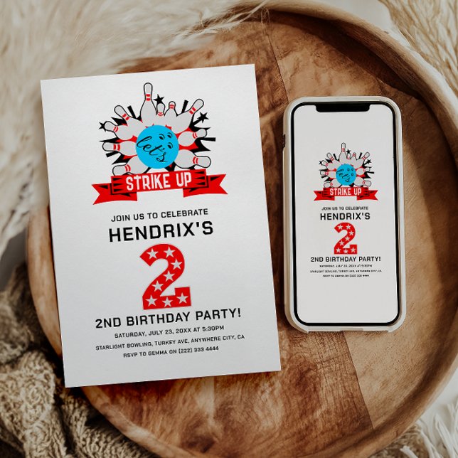 Convites Retro Bowling Kids 2ND Birthday Party (Retro Bowling Kids 2ND Birthday Party Invitation)