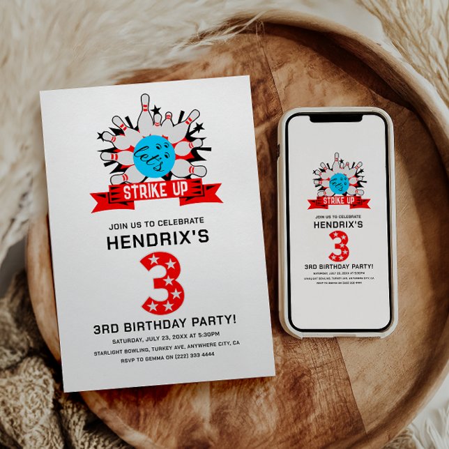 Convites Retro Bowling Kids 3RD Birthday Party (Retro Bowling Kids 3RD Birthday Party Invitation)