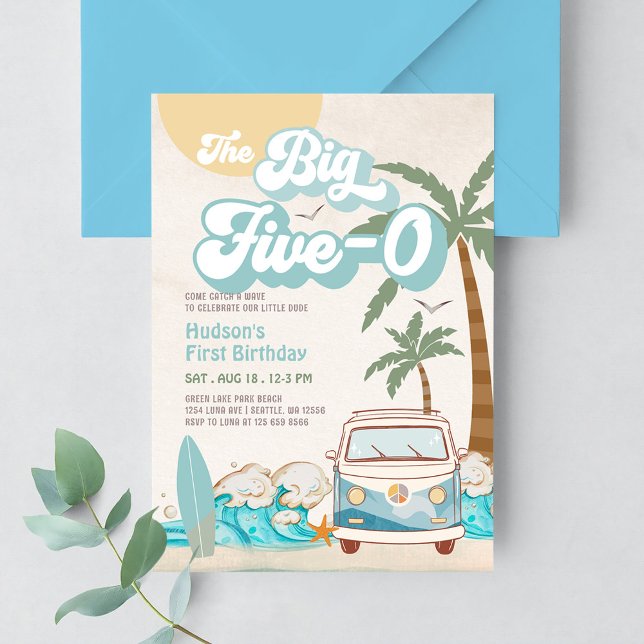 Convites Retro Boy The Big Five-0 Surfando Aniversário de 5 (Criador carregado)