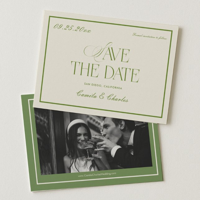 Convites Retro Branco e Verde Casamento Salve a data Foto  (Criador carregado)
