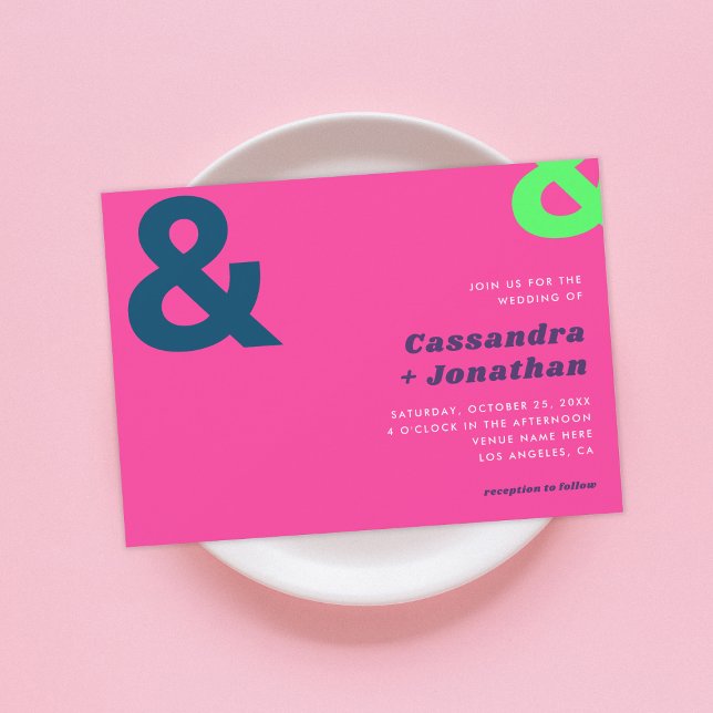 Convites Retro Brilhante Rosa Quente | Groovy Ampersand Wed (Criador carregado)