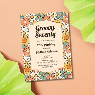 Convites Retro Brown Peach Floral Groovy 70 Birthday