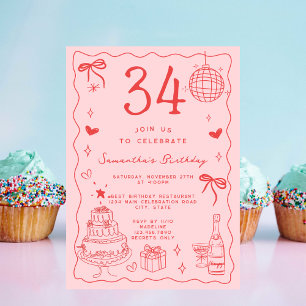 Convites Retrô Caprichoso Excêntrico Vermelho Rosa 34º Aniv