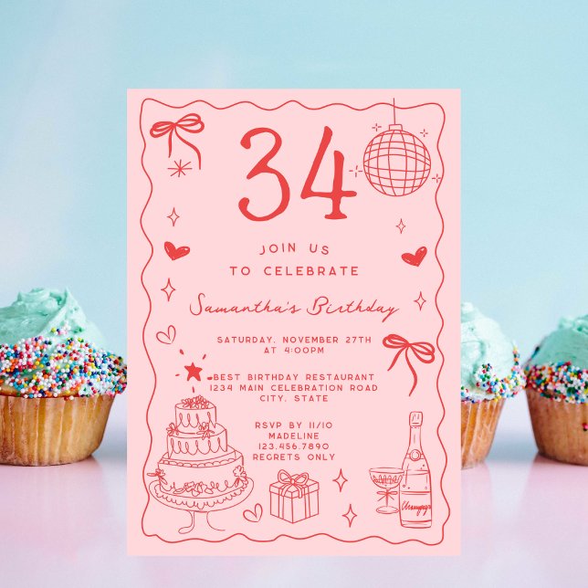 Convites Retrô Caprichoso Excêntrico Vermelho Rosa 34º Aniv (Criador carregado)