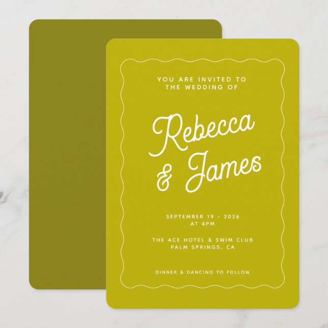 Convites Retro Chartreuse Verde Bold Onda Quadro Casamento (Frente/Verso)