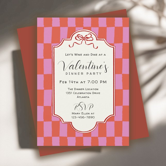 Convites Retro Checkerboard Handdrawn Bow Valentine Dinner (Criador carregado)