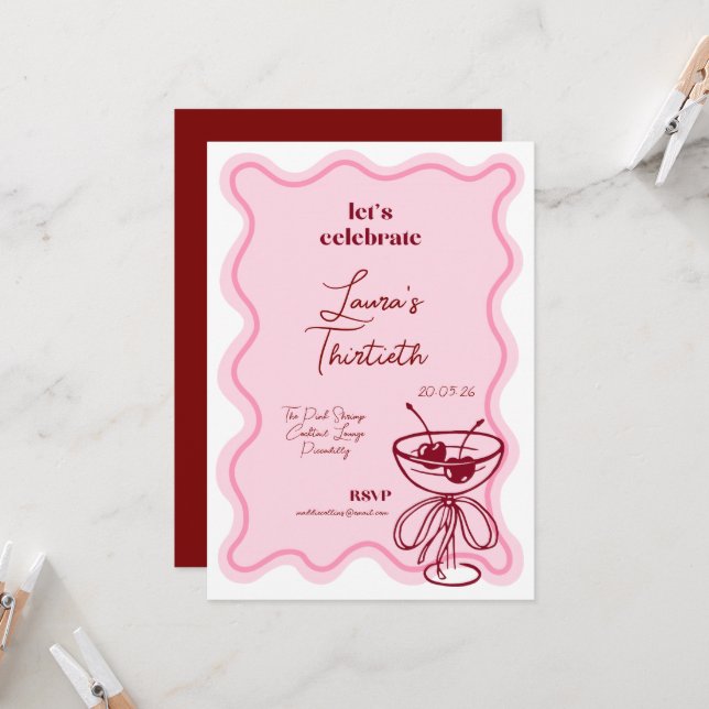 Convites Retro Cherry Cocktail 30th Birthday Invite Bows (Frente/Verso In Situ)