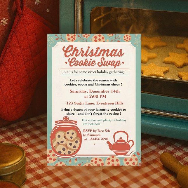 Convites Retro Christmas Cookie Swap Teal & Red (Criador carregado)