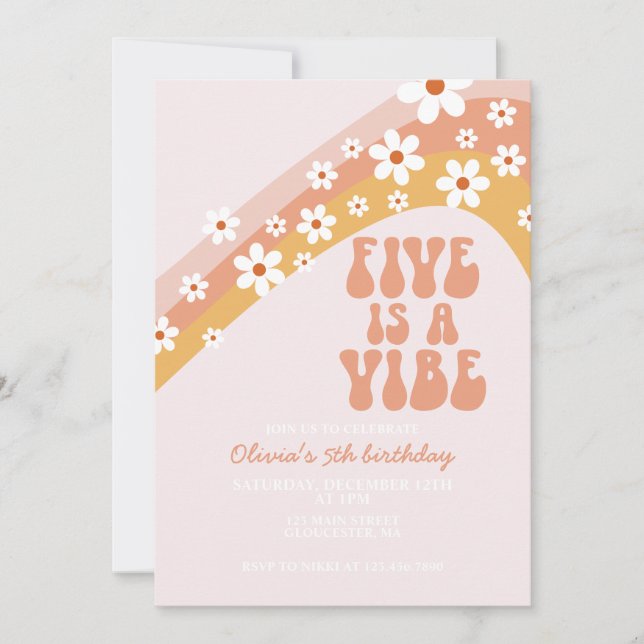 Convites Retro Cinco é um aniversário de 5 da margarida Vib (Frente)