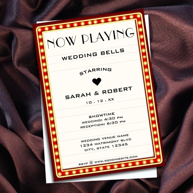 Convites Retro Cinema Theater - Sinal de Casamento Vermelho (Retro Cinema Theater Marquee Sign Red Wedding Invitation
)