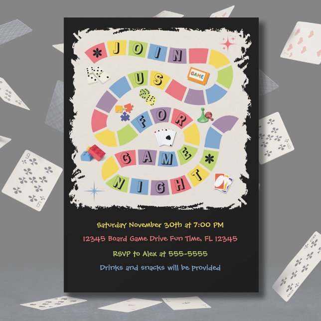 Convites Retro Colorful Board Game Night Invitation (A dynamic, high-energy view of the retro board game invitation surrounded by falling playing cards)