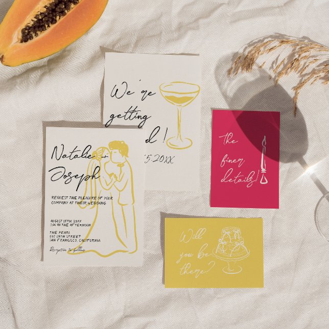 Convites Retro Colorful Hand Drawn Unique Modern Wedding (Criador carregado)