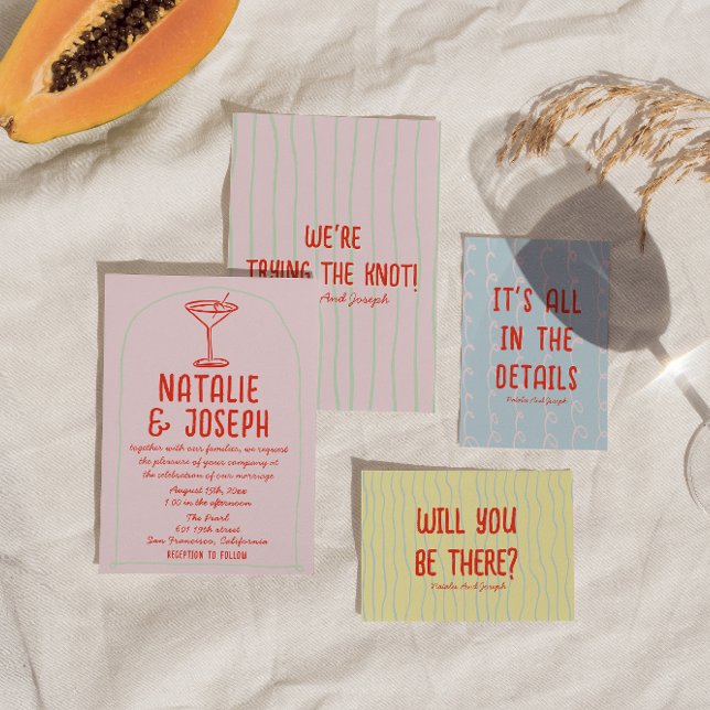 Convites Retro Colorida Drawn Martini Quirky Casamento (Criador carregado)