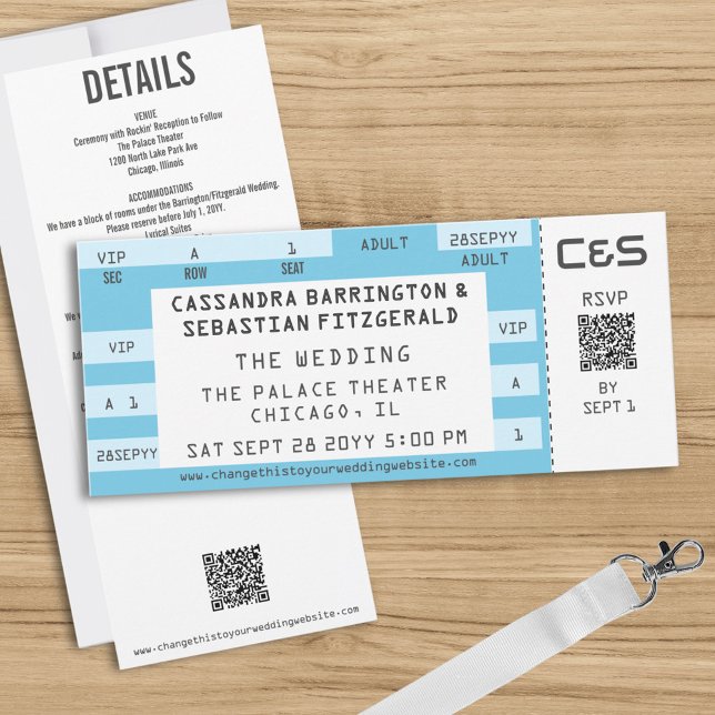 Convites Retro Concert Ticket All-in-One Blue Wedding (Custom concert ticket all-in-one wedding invites for your music theme wedding)