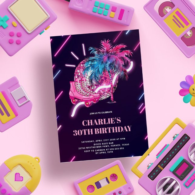 Convites Retrô Cor-de-Rosa do Partido Neon Disco Aniversári (Criador carregado)