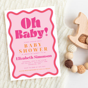 Convites Retro Cor-de-rosa Oh Chá de fraldas de Quadro de Â