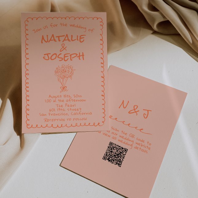 Convites Retro Coral Hand Drawn QR Code Quirky Wedding (Criador carregado)
