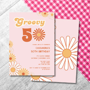 Convites Retro Daisy Boho Laranja Rosa Aniversário de 50 an