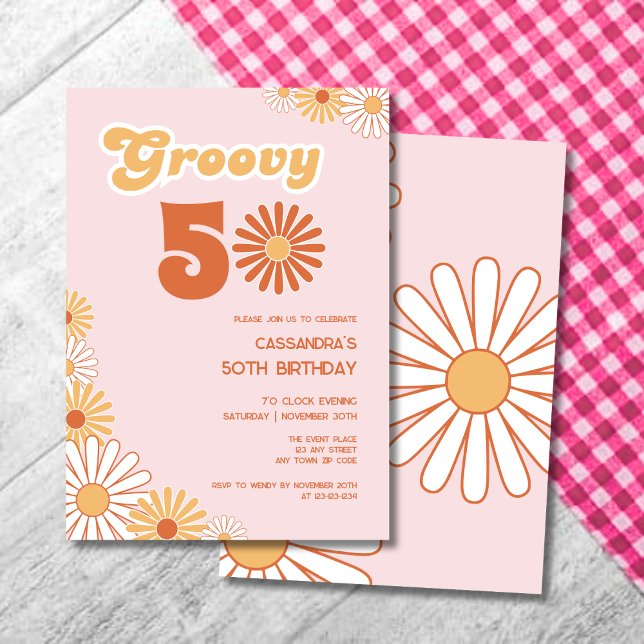 Convites Retro Daisy Boho Laranja Rosa Aniversário de 50 an (Criador carregado)