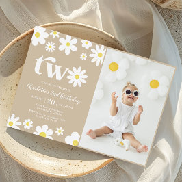 Convites Retro Daisy Duas Foto De segundo aniversário Flora