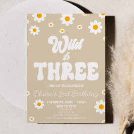 Convites Retro Daisy Flower Wild & Three aniversário de 3 a