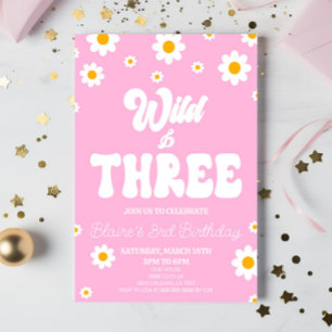 Convites Retro Daisy Flower Wild & Three aniversário de 3 a