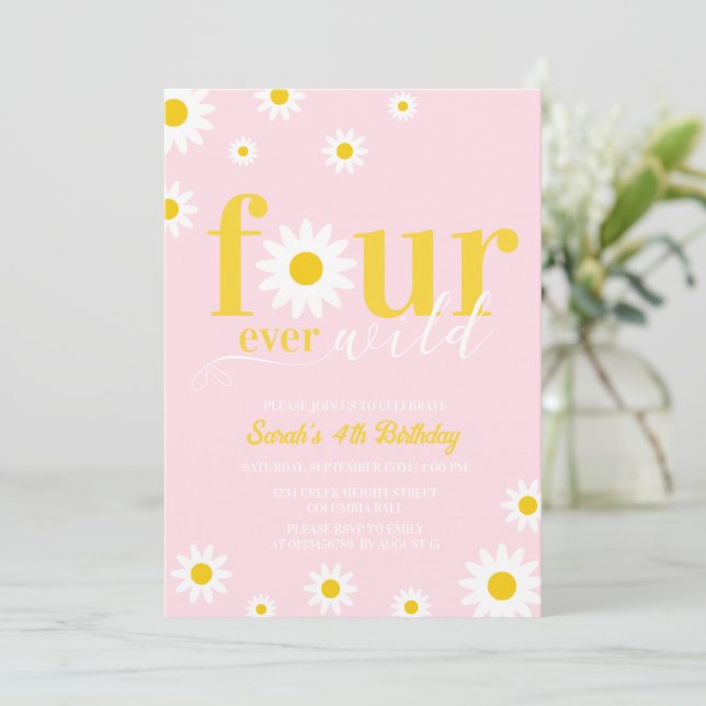 Convites Retro Daisy Four Ever Wild Pink 4th Birthday (Em pé/Frente)