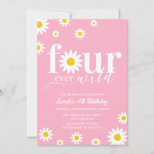 Convites Retro Daisy Four Ever Wild Pink White 4º Aniversár (Frente)
