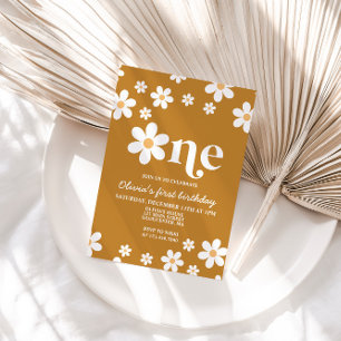 Convites Retro Daisy One Floral primeiro aniversario Convit