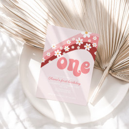 Convites Retro Daisy Pink Primeiro Aniversário do Arco-Íris