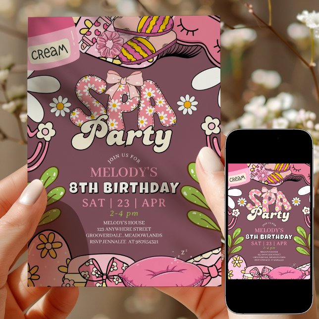 Convites Retro Daisy Spa Party Birthday Invitation Maroon (Criador carregado)