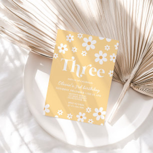Convites Retro Daisy THREE Floral aniversário de 3 anos Con