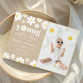 Convites Retro Daisy Three Floral aniversário de 3 anos Pho