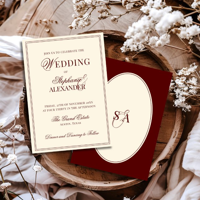 Convites Retro Deep Burgundy Ivory Oval Old Money Wedding  (Criador carregado)