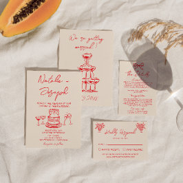 Convites Retro Desenhado à Mão Bolo Vermelho Casamento Excê