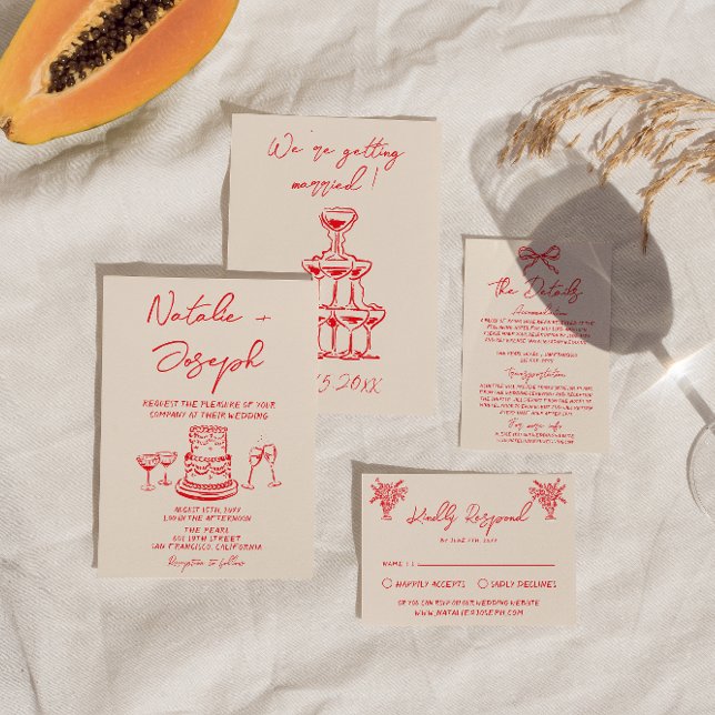 Convites Retro Desenhado à Mão Bolo Vermelho Casamento Excê (Criador carregado)