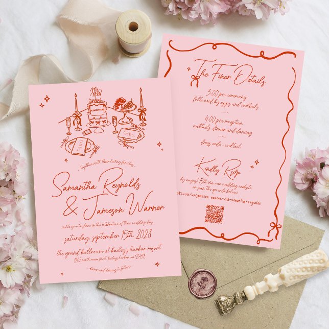 Convites Retrô Desenhado à Mão Escrivível Cor-de-rosa e Cas (Unique pink and red retro modern funky whimsical modern elegant hand drawn qr code wedding invite)