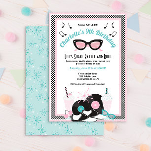 Convites Retro Diner Pink e Teal Birthday Invitation, anos 