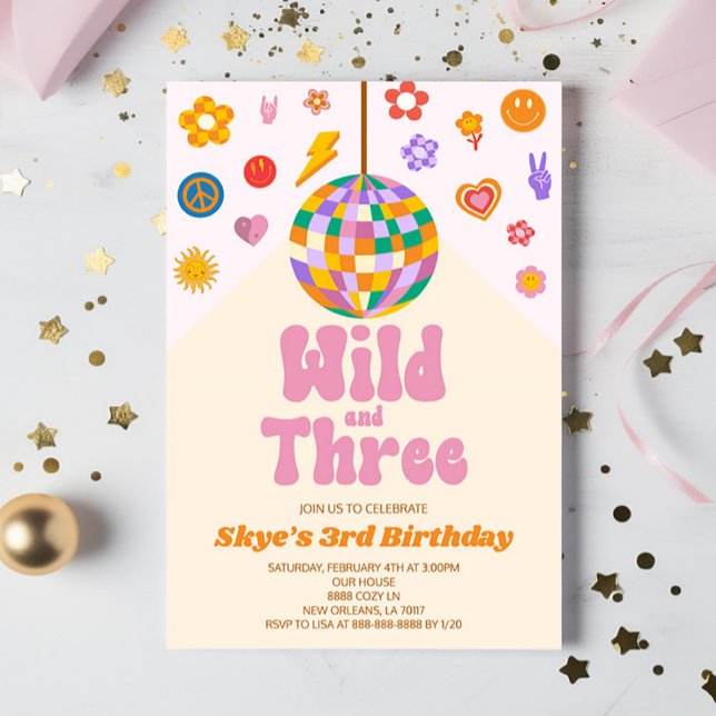 Convites Retro Disco Ball Wild e Três aniversário de 3 anos (Criador carregado)