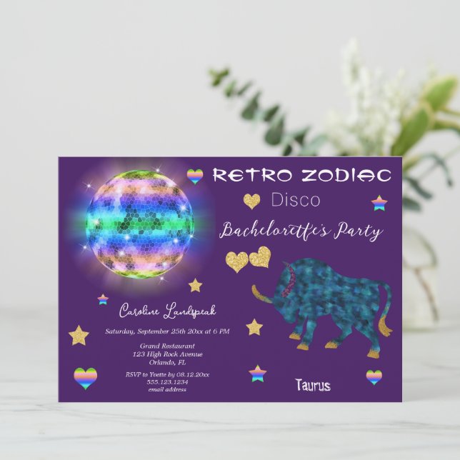 Convites Retro Disco Taurus Zodiac - Sinal Bachelorette (Em pé/Frente)