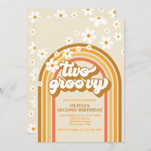 Convites Retro Dois GroovY Rainbow Brown Orange Birthday