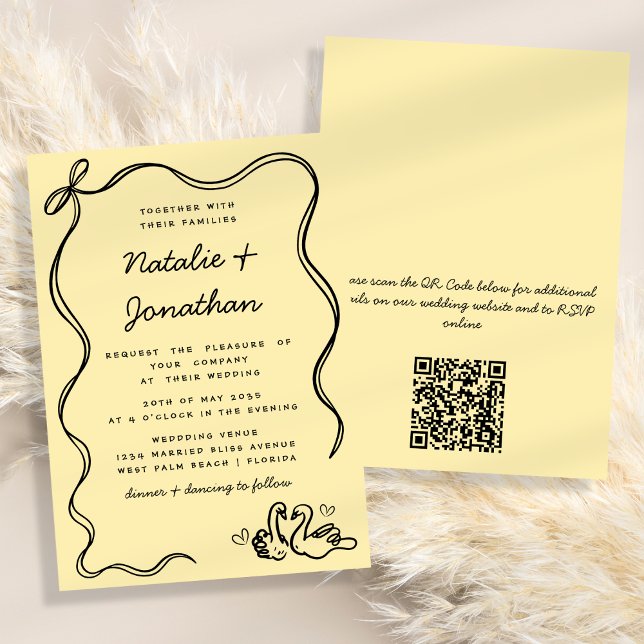 Convites Retro Doodle Cisnes Código QR Casamento Amarelo Pr (Criador carregado)