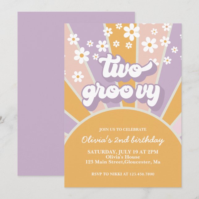 Convites Retro Duas Girassóis Ensolarados roxas (Frente/Verso)