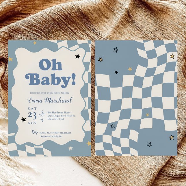 Convites Retro Dusty Blue Checkered Oh Baby Baby Shower (Criador carregado)